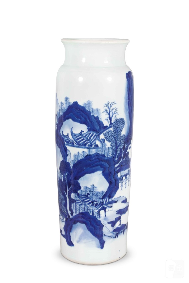 明崇祯 青花山水人物筒瓶 - 图1